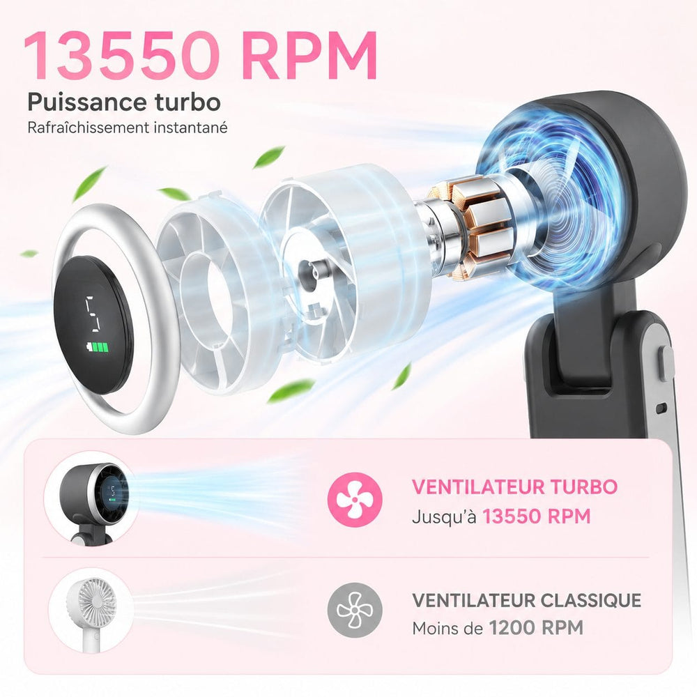 Mini ventilateur rechargeable compact, parfait pour rafraîchir en voyage, au bureau ou en extérieur.