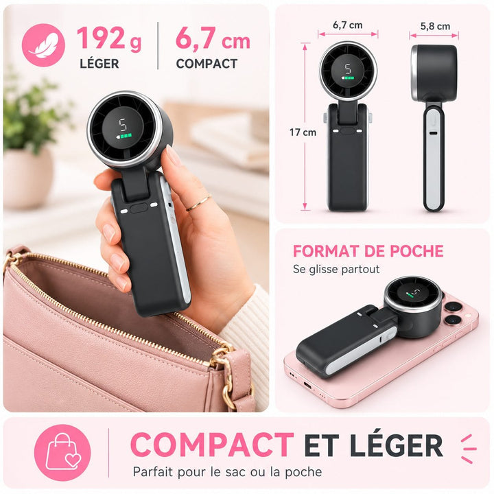 Ventilateur portable puissant pour rester frais en extérieur, rechargeable USB-C, compagnon d'été idéal.
