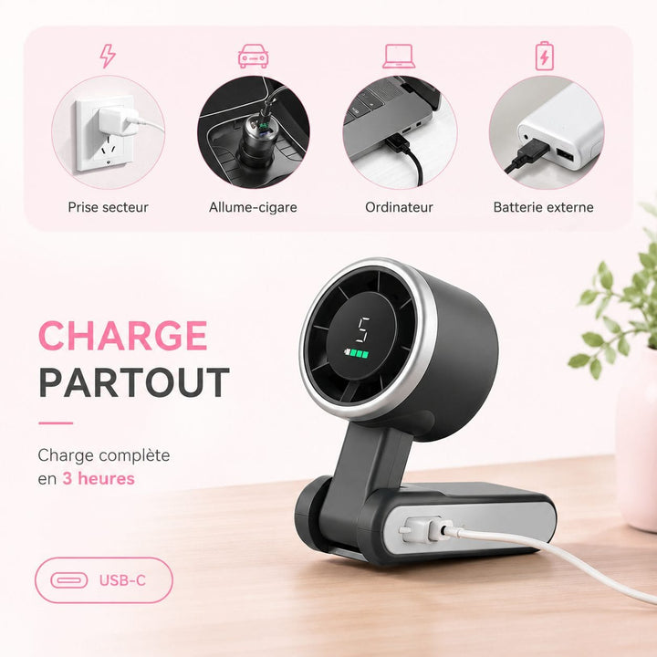 Ventilateur compact au design moderne, portable et ultra-puissant USB-C pour un été rafraîchissant.