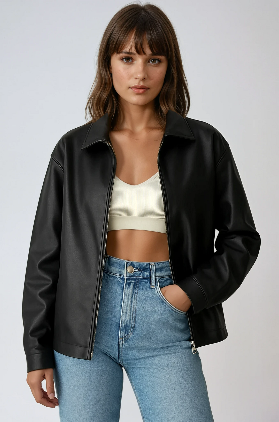 Veste utilitaire zippée décontractée pour femme, coupe moderne, idéale pour le printemps et l'automne, style urbain.