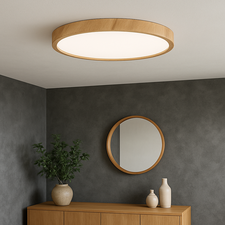Éclairage LED plafond design moderne grain de bois, lumière chaude, idéal déco intérieure.