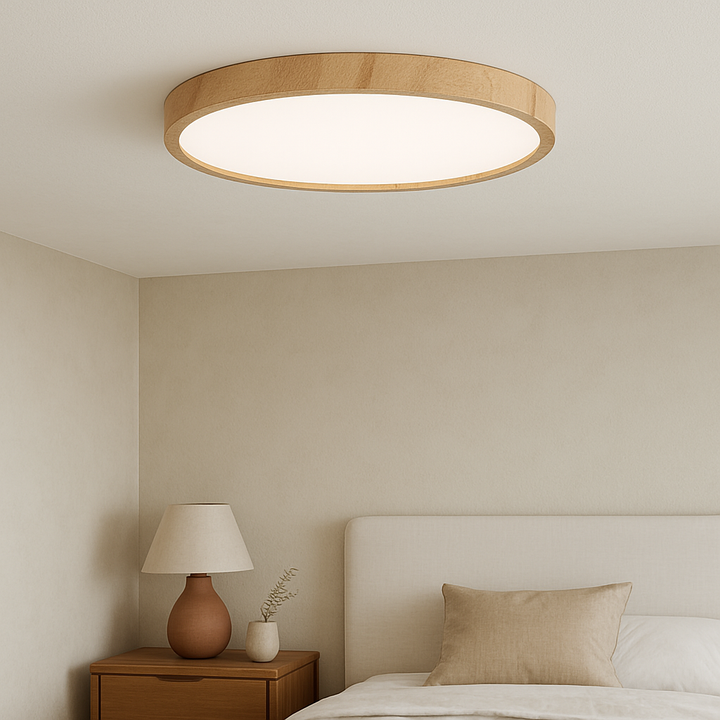 Lampe de plafond ronde minimaliste effet bois pour salon ou chambre, éclairage LED moderne.