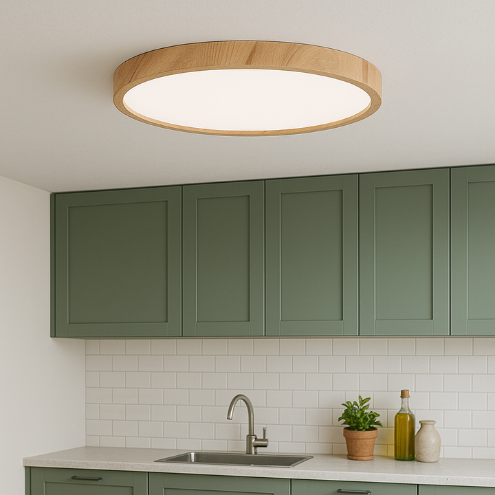 Lampe de plafond ronde contemporaine effet bois, design minimaliste, parfaite pour salon/chambre.