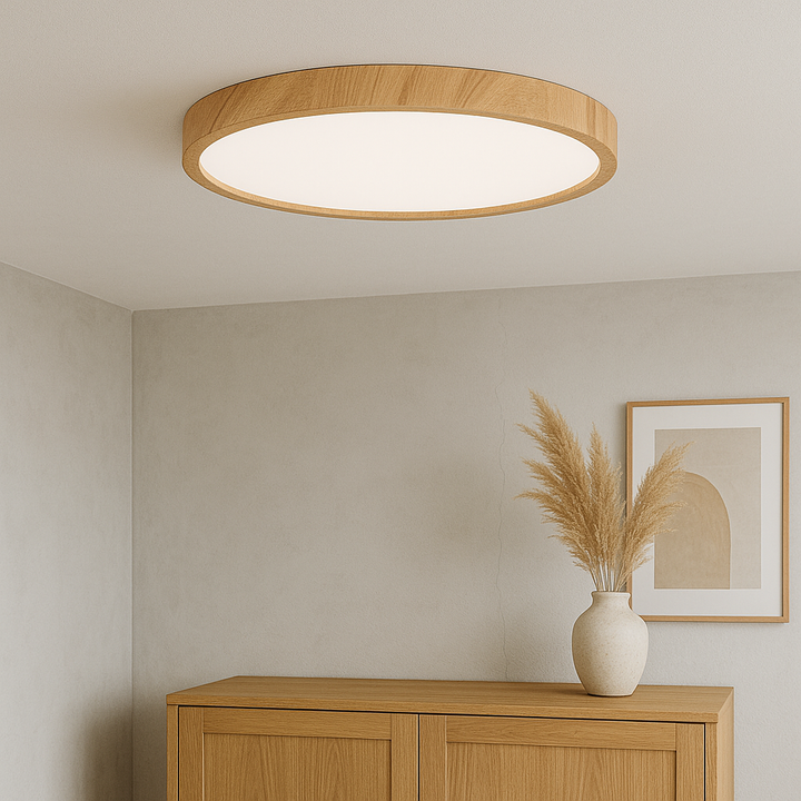 Plafonnier LED moderne rond, finition grain de bois, apporte une lumière chaude et un style épuré.