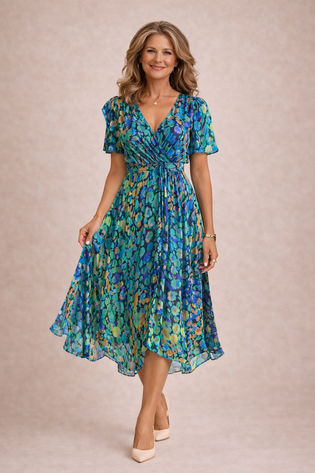 Robe midi florale femme élégante, col V, fluide pour l'été. Style chic décontracté printanier avec manches courtes.