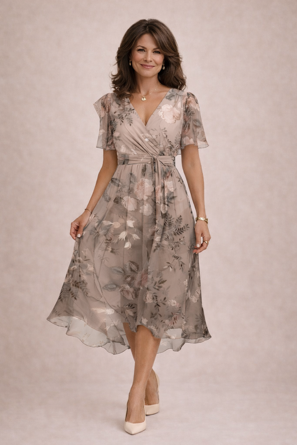 Robe midi florale chic et féminine, col V, coupe fluide. Tendance pour le printemps et l'été, idéale pour toutes occasions.