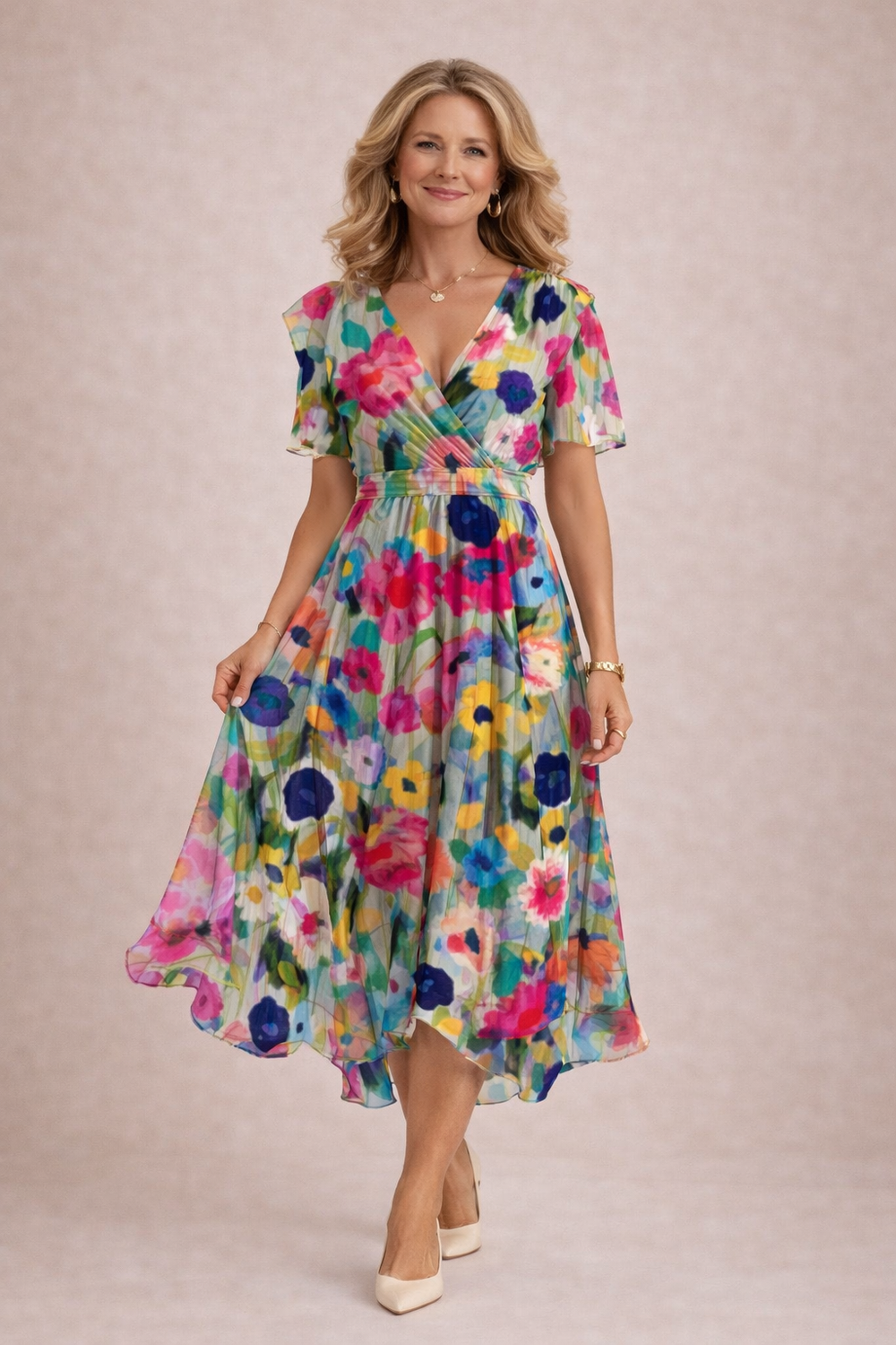 Robe midi florale femme avec col V profond, coupe fluide et cintrée. Idéale pour l'été et le printemps, style chic.