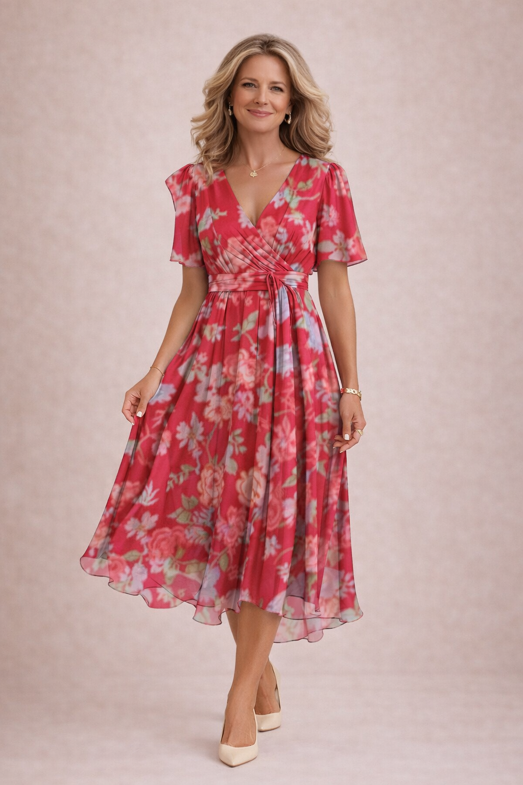 Robe midi fluide femme à motif floral, col V élégant, manches courtes. Confort et style chic pour les journées d'été.