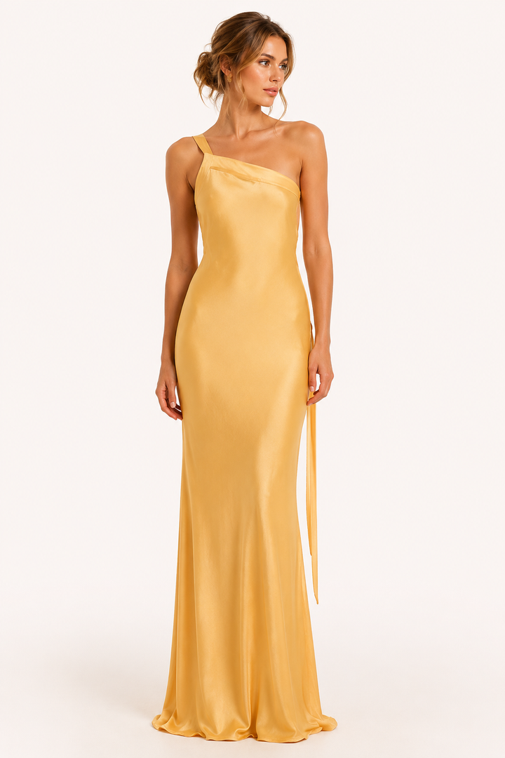 Robe longue asymétrique femme, épaule unique, chic pour soirée ou bal. Style moderne et tendance.
