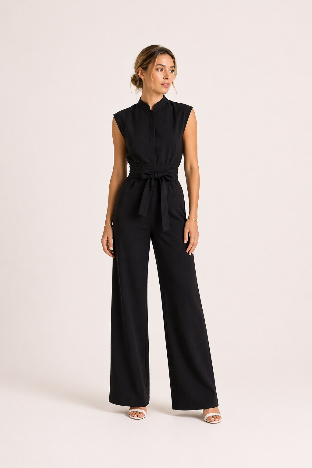 Combinaison sophistiquée femme, jambe large, ceinture, disponible en kaki, blanc, noir. Look tendance et élégant.