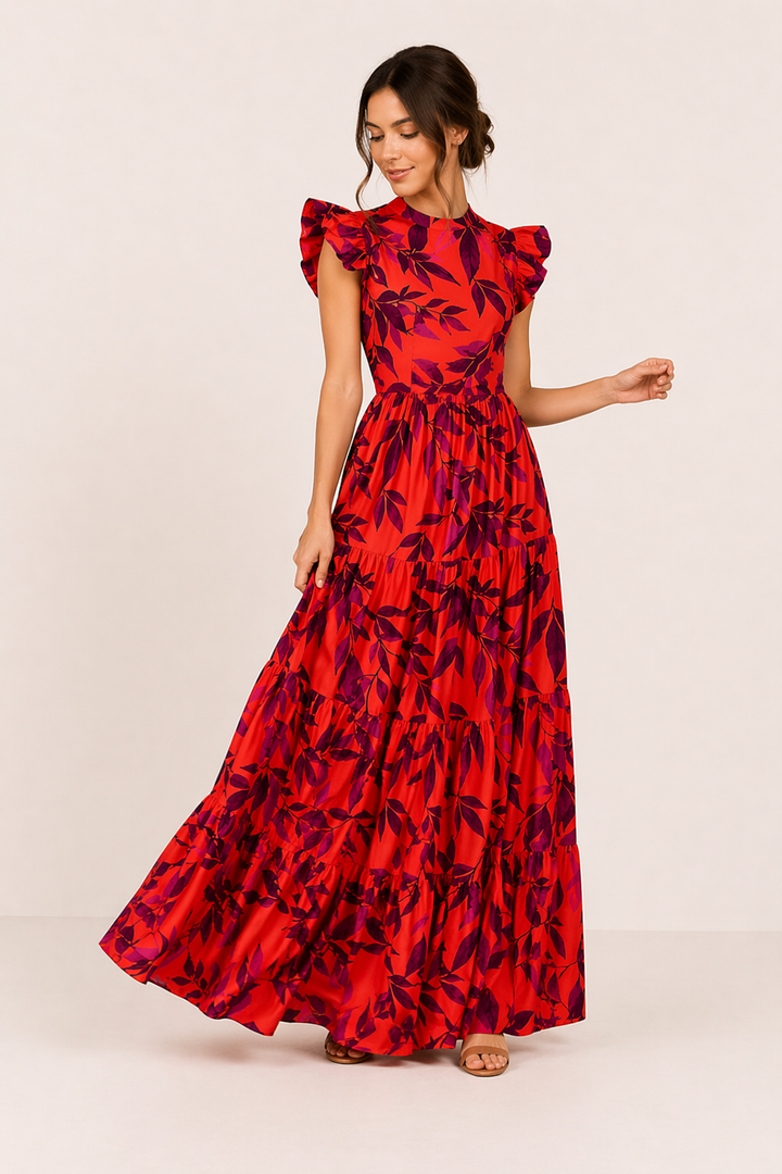 Robe longue florale d'été pour femme, manches courtes fluides, imprimé vif, style décontracté et confortable.