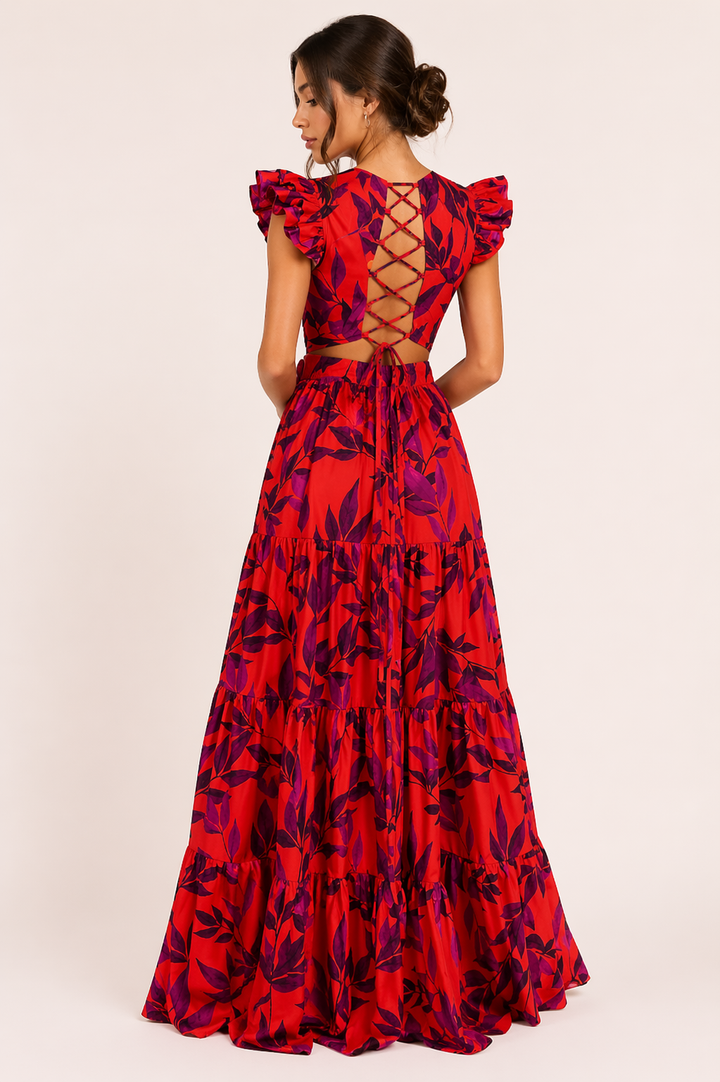 Robe maxi florale fluide femme pour l'été, manches courtes, parfaite pour vacances et look décontracté chic.