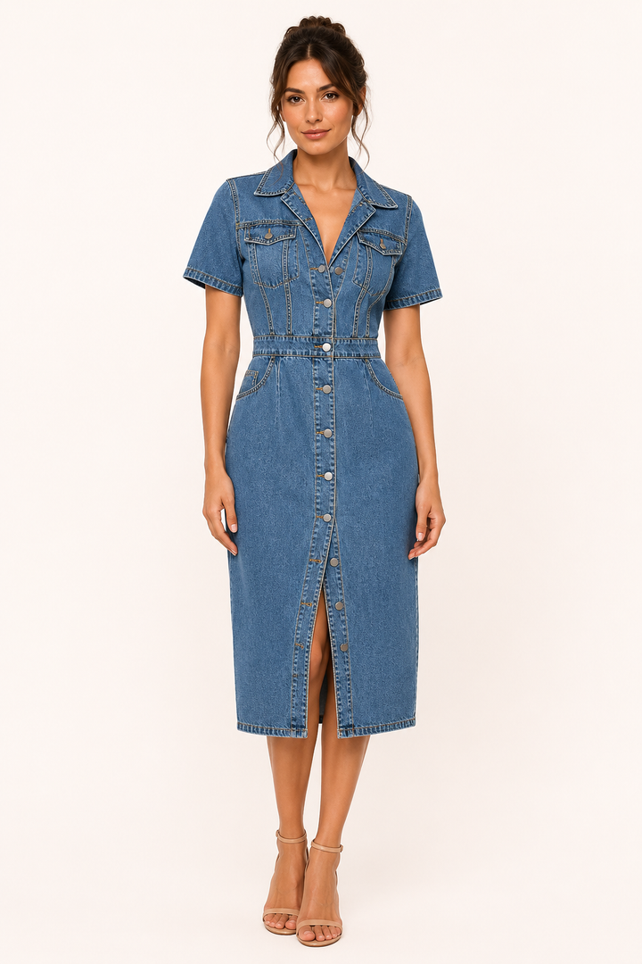 Robe midi boutonnée élégante pour femme, parfaite pour l'été ou le printemps, style chic et confortable.