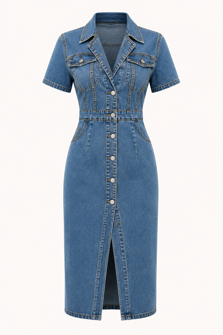 Robe midi boutonnée chic pour femme, design élégant, parfaite pour un look d'été ou de printemps.