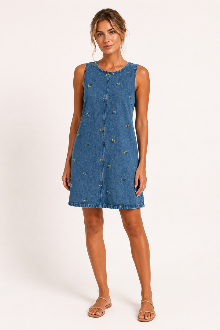 Robe femme courte sans manches décontractée, idéale pour l'été. Vêtement léger et confortable pour mode estivale.