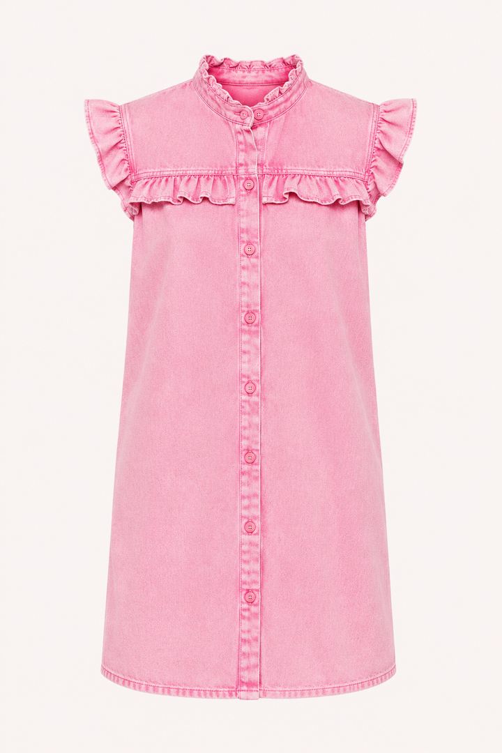 Tenue décontractée chic: robe courte à volants pour femme avec boutons. Idéale pour l'été, mode féminine polyvalente.