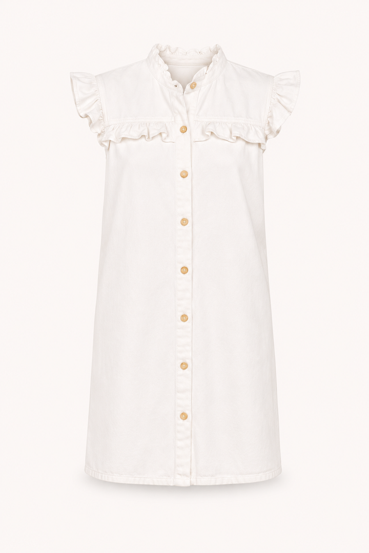 Robe courte femme à volants et boutons, style décontracté chic pour l'été. Mode féminine polyvalente.