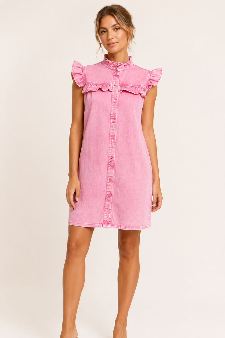 Robe courte décontractée chic pour femme, avec volants et boutons. Idéale pour l'été et une tenue polyvalente.