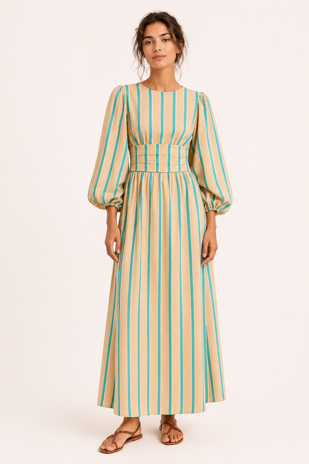 Robe longue rayée chic pour femme avec manches bouffantes, idéale pour l'été et le printemps.