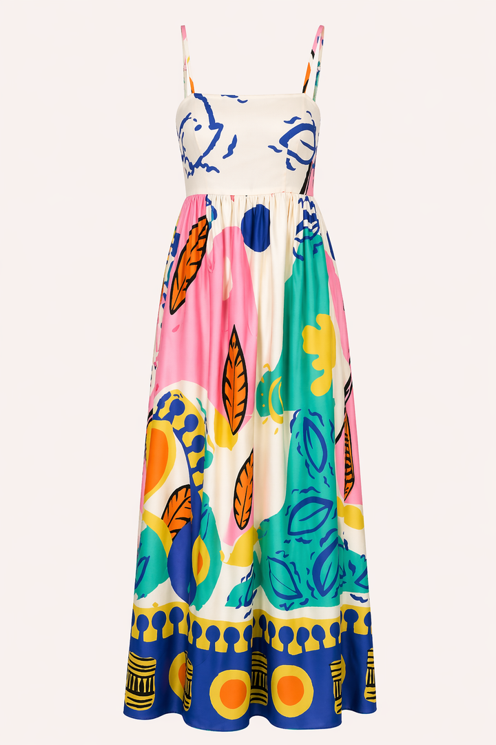 Mode estivale : Robe longue imprimée pour femme, fluide et élégante, avec fines bretelles, idéale pour l'été.