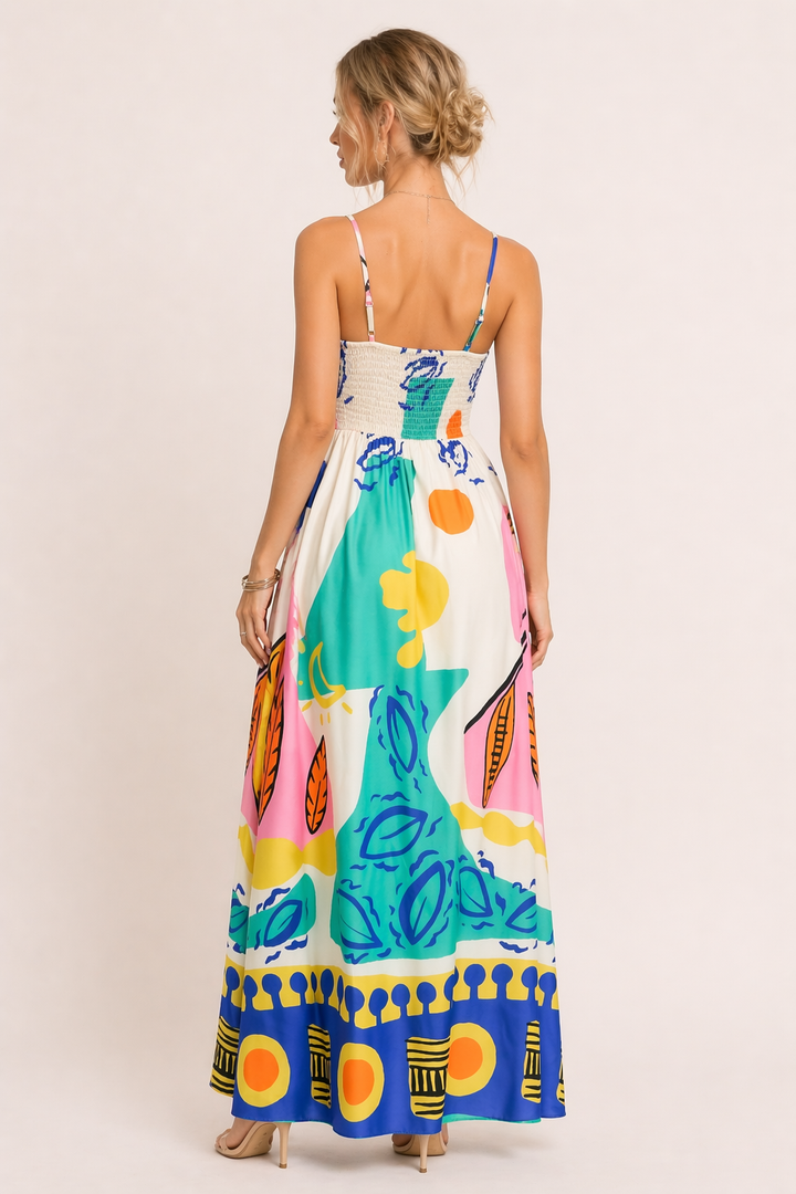Robe femme longue imprimée avec motif estival, bretelles fines, style fluide et décontracté pour un look chic.