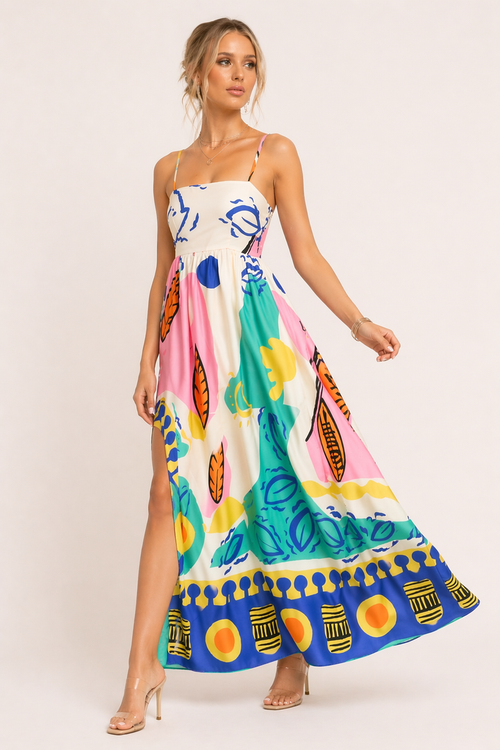 Élégante robe d'été longue imprimée pour femme, coupe fluide et bretelles fines, idéale pour la mode estivale.