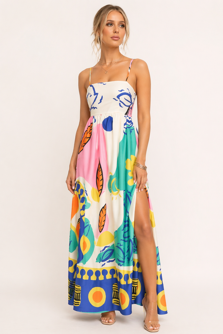 Robe longue imprimée fluide pour femme avec bretelles fines, parfaite pour une élégance estivale décontractée.