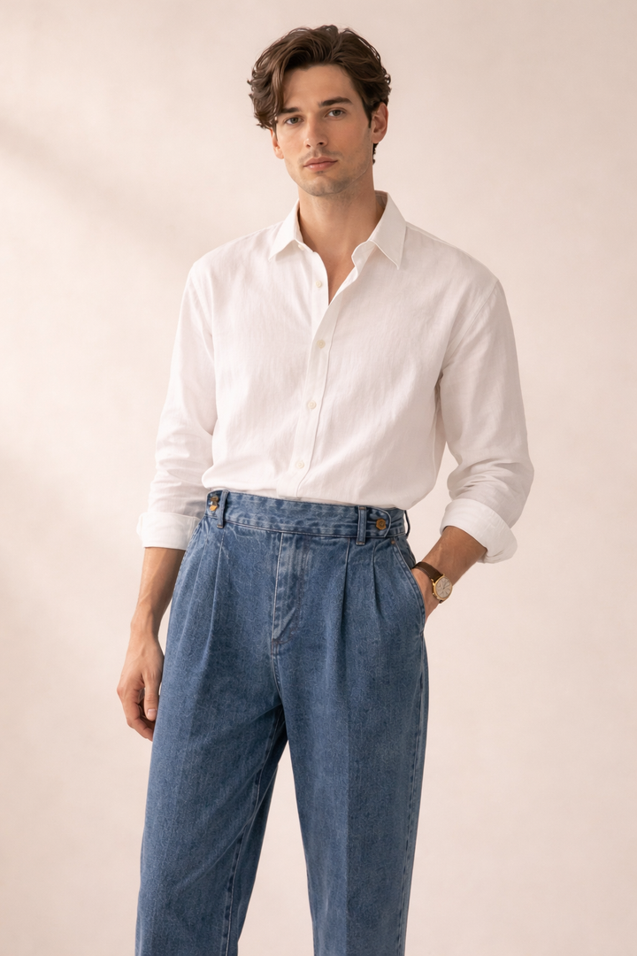 Pantalon homme bleu marine James, taille haute, coupe droite décontractée. Polyvalent, pour look élégant.