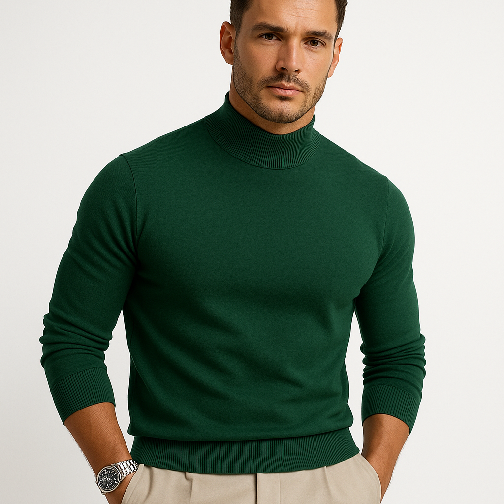 Mode masculine: pull col roulé homme élégant, idéal pour tenue de travail ou casual chic.