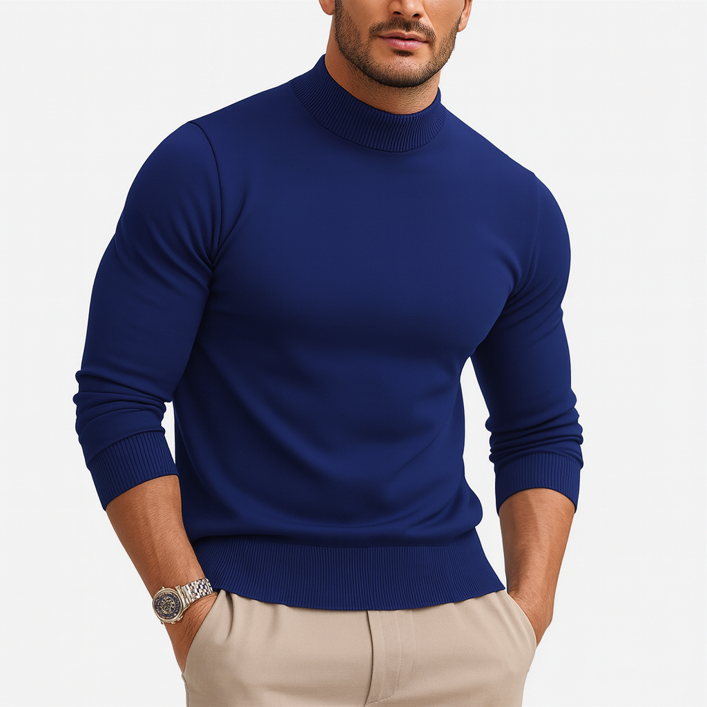 Pull homme noir col roulé ajusté, style intemporel et élégant, parfait pour mode masculine.