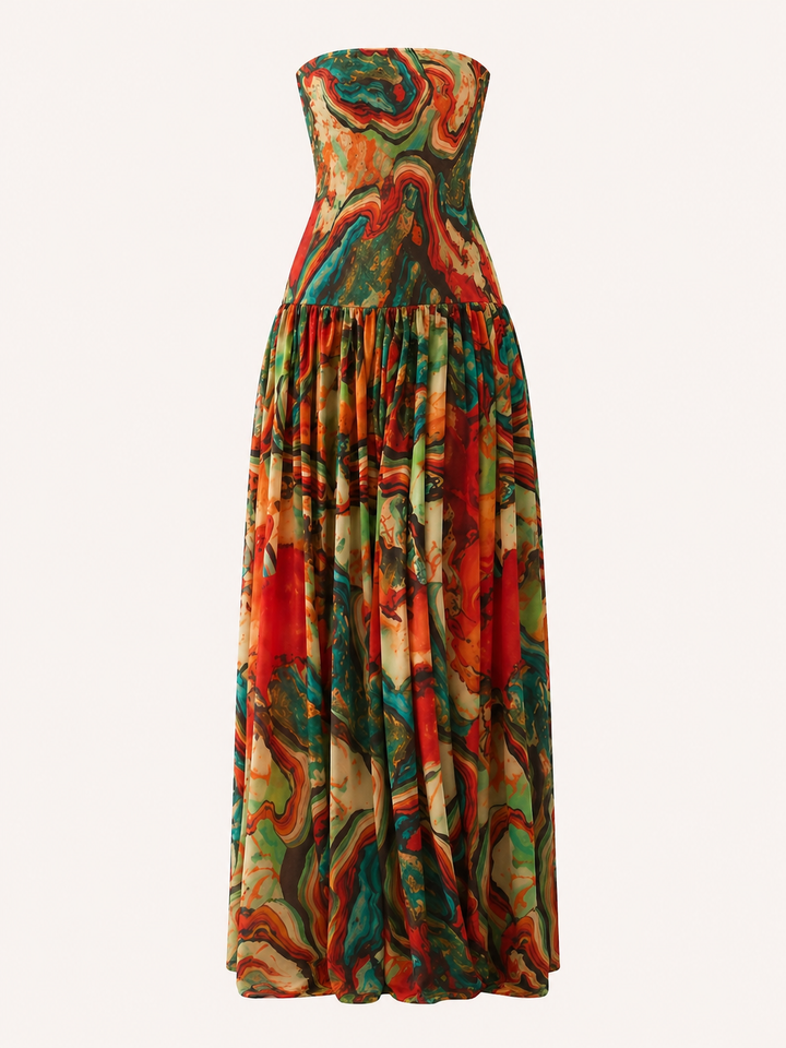 Élégante robe longue femme imprimée sans bretelles, style mode féminine. Parfaite pour l'été ou une soirée chic.