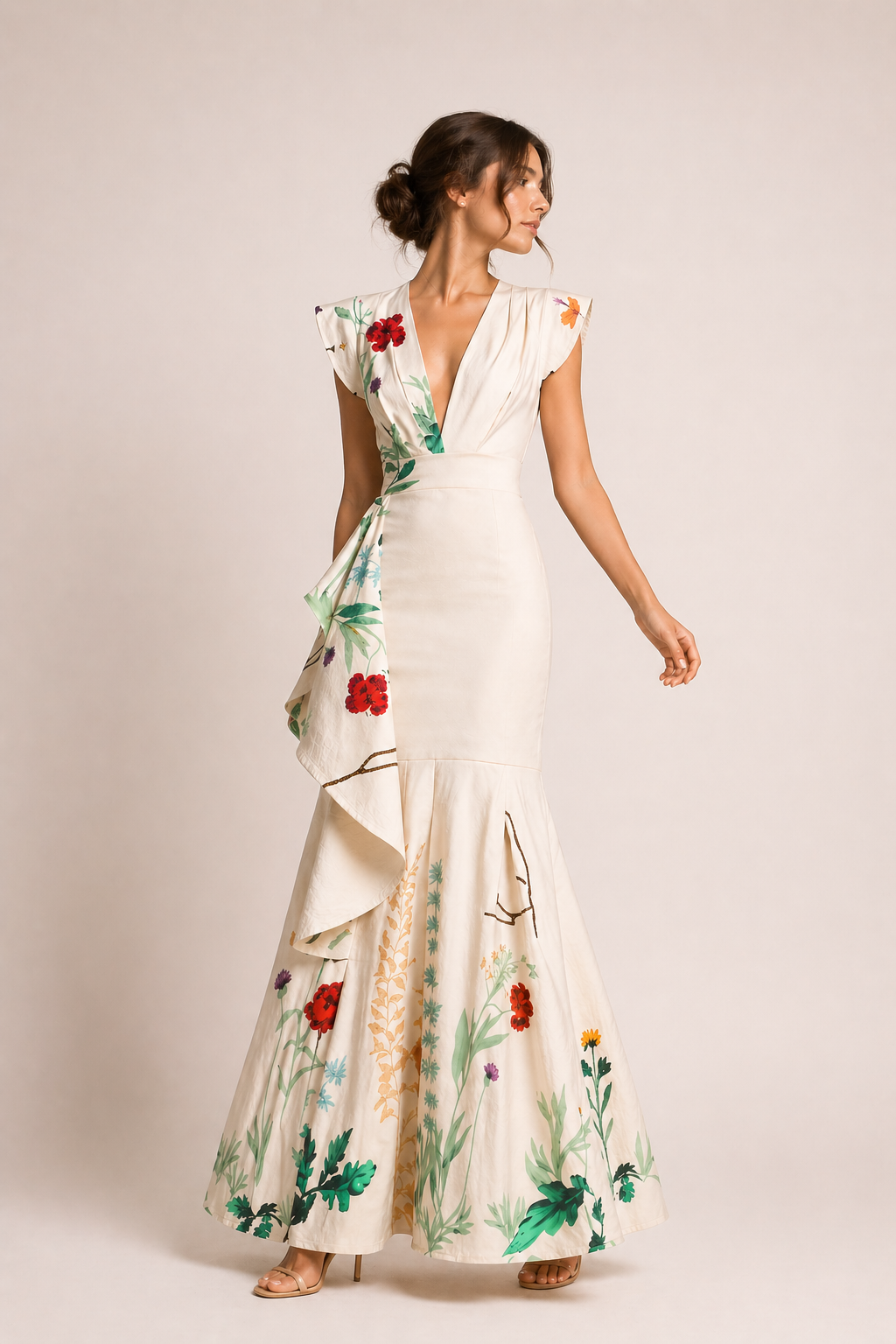 Robe de soirée longue fleurie, décolleté V, pour femme. Élégante et chic pour mariage, invitée d'été, cocktail.