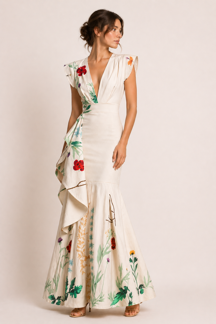 Robe longue fleurie femme, décolleté V. Idéale pour mariages, soirées, événements d'été. Élégance et confort assurés.