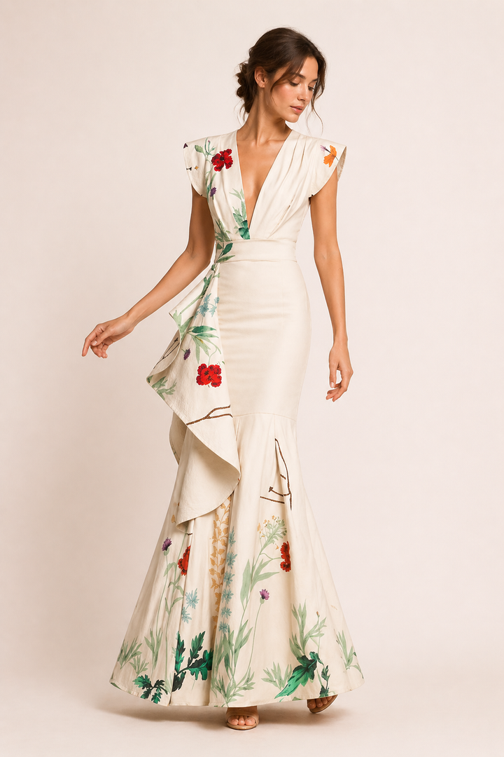 Robe longue fleurie chic pour femme. Motif floral coloré. Parfaite pour le printemps et l'été. Confortable et tendance.
