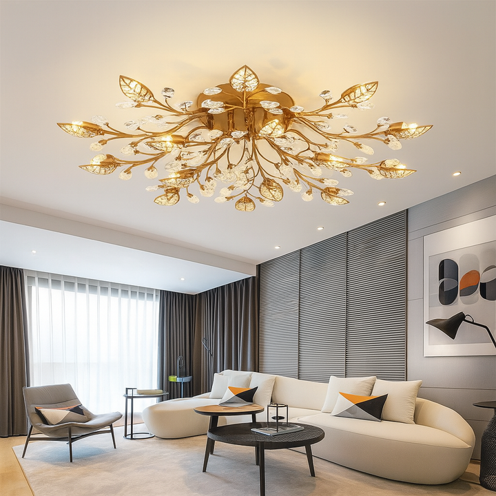 Éclairage de plafond en cristal pour salle à manger, design contemporain. Lumière LED pour ambiance élégante.