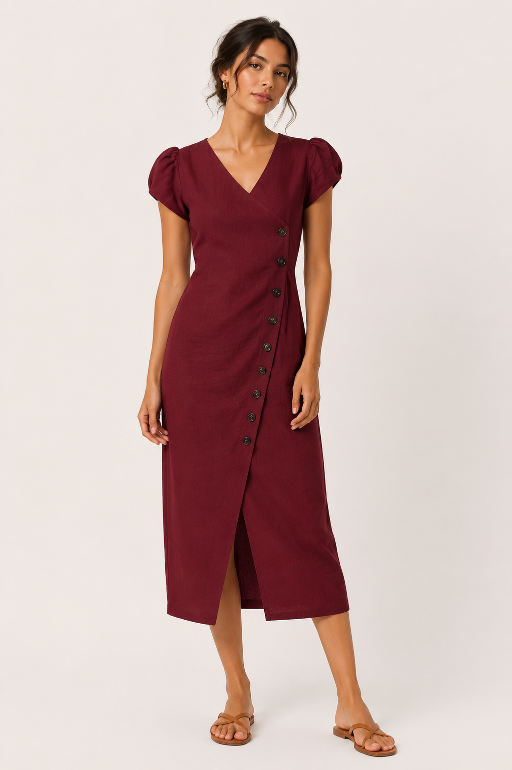 Robe midi femme moderne et élégante, encolure V, boutons latéraux. Pour un look chic et polyvalent.