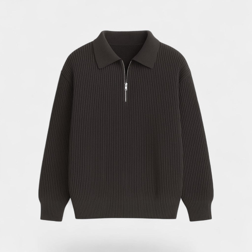 Pull homme en maille zippé avec col-revers, coupe ample et élégante pour un look décontracté.