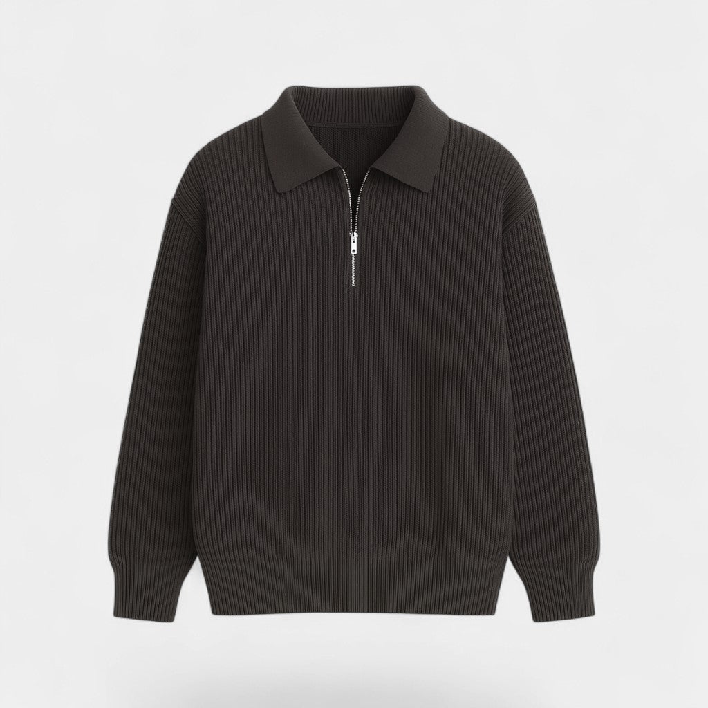Pull homme en maille zippé avec col-revers, coupe ample et élégante pour un look décontracté.