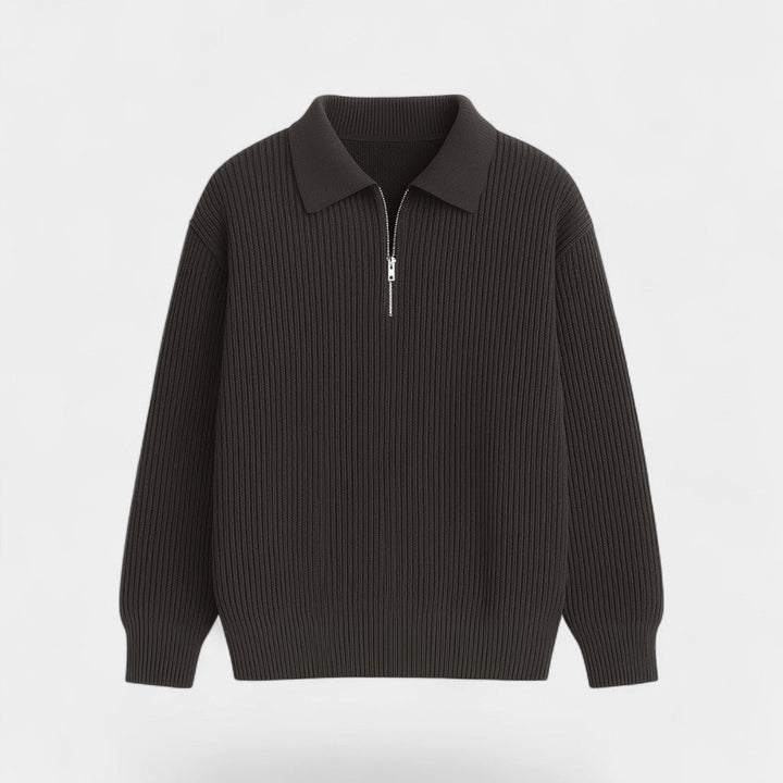 Pull homme en maille zippé avec col-revers, coupe ample et élégante pour un look décontracté.
