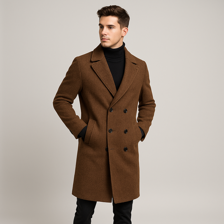 Détail du manteau homme croisé classique, boutons sophistiqués, coupe élégante. Vêtement extérieur automne/hiver.