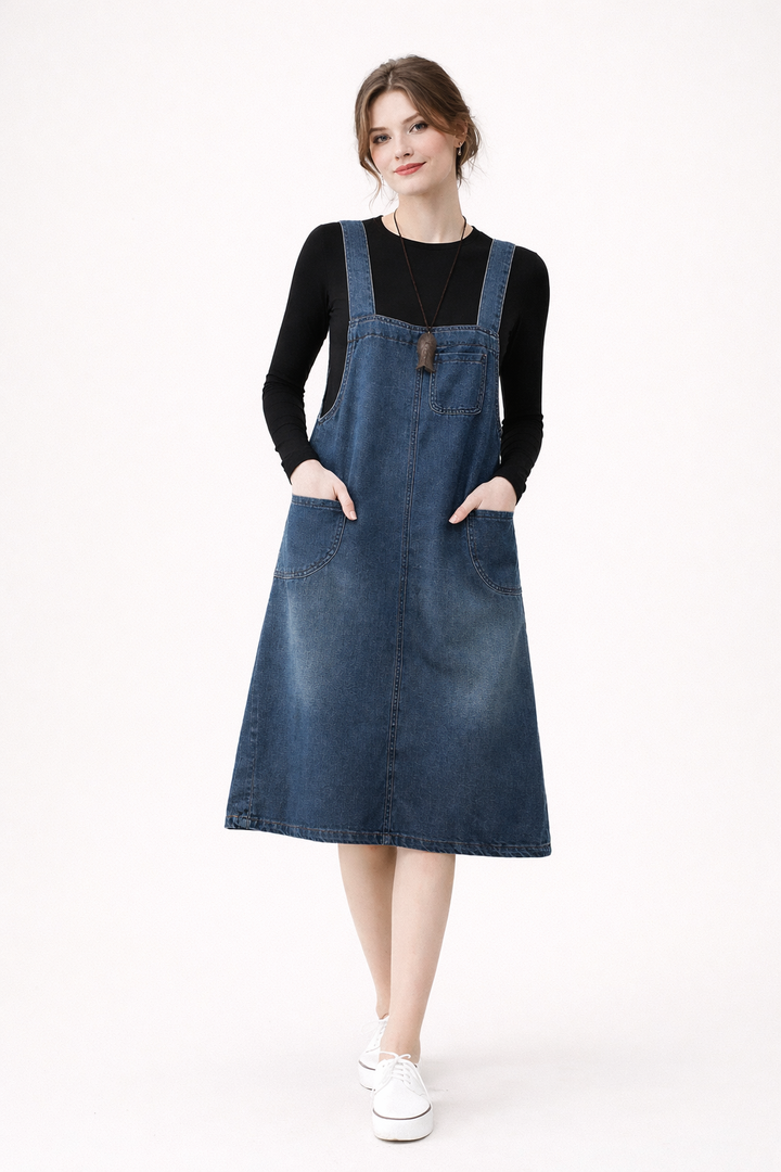 Robe salopette en jean décontractée bleu foncé pour femme, idéale pour un confort quotidien et un style vintage.