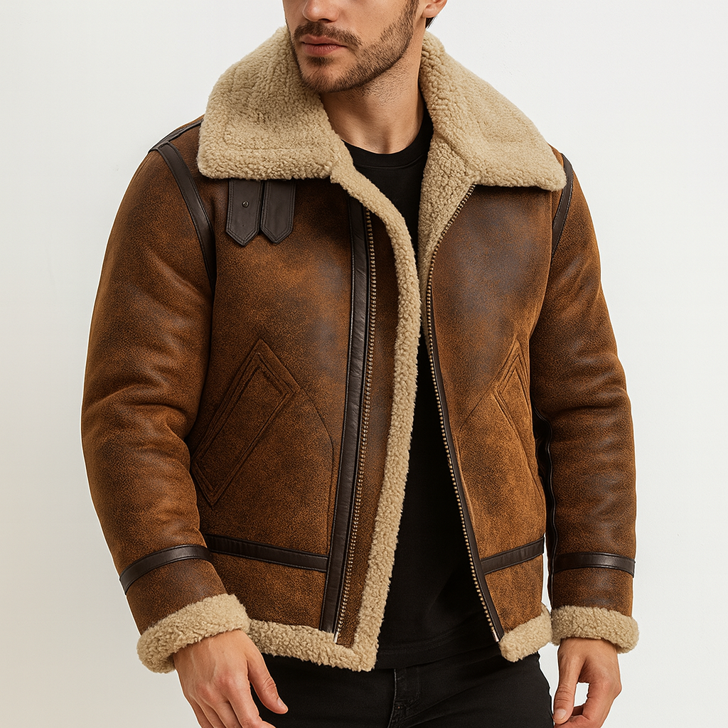 Blouson aviateur rétro homme, chaud et élégant pour l'hiver. Veste classique tendance, confort automne-hiver.
