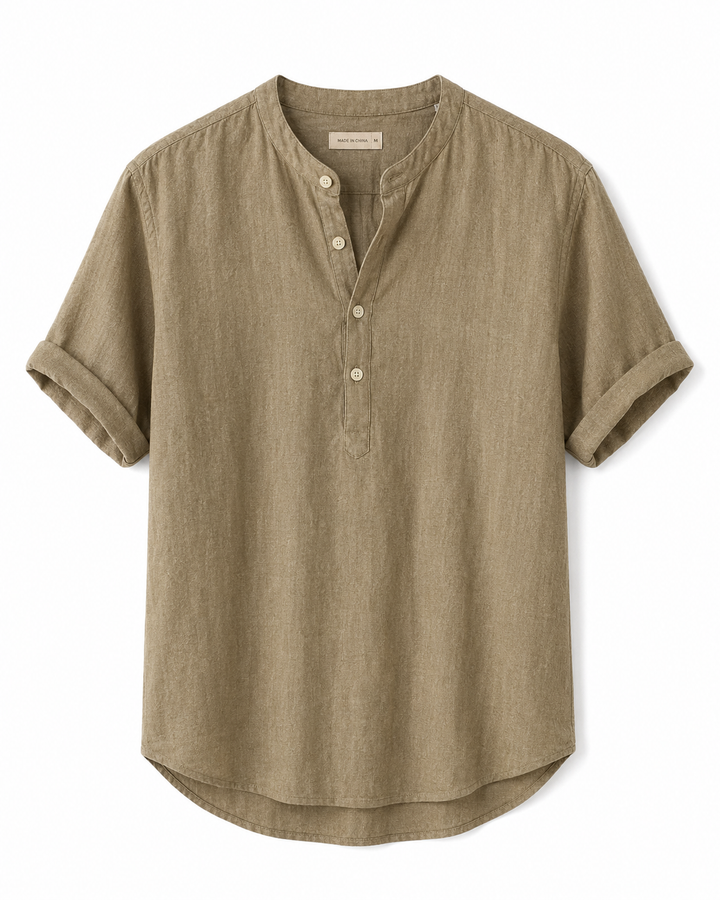 Chemise homme col mao, manches courtes, style décontracté élégant, essentiel mode estival.