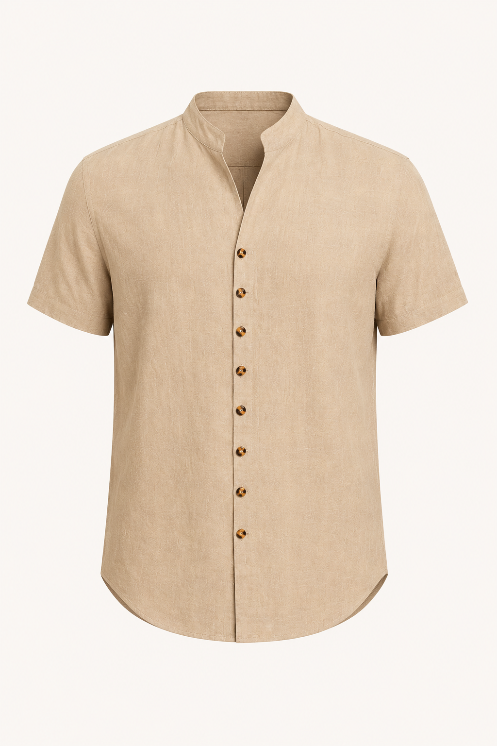 Chemise boutonnée homme col mao manches courtes, un essentiel pour un look décontracté estival chic.