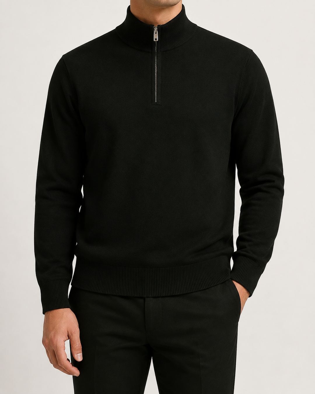 Pull homme col montant zippé, confort ajustable, style moderne pour automne/hiver.