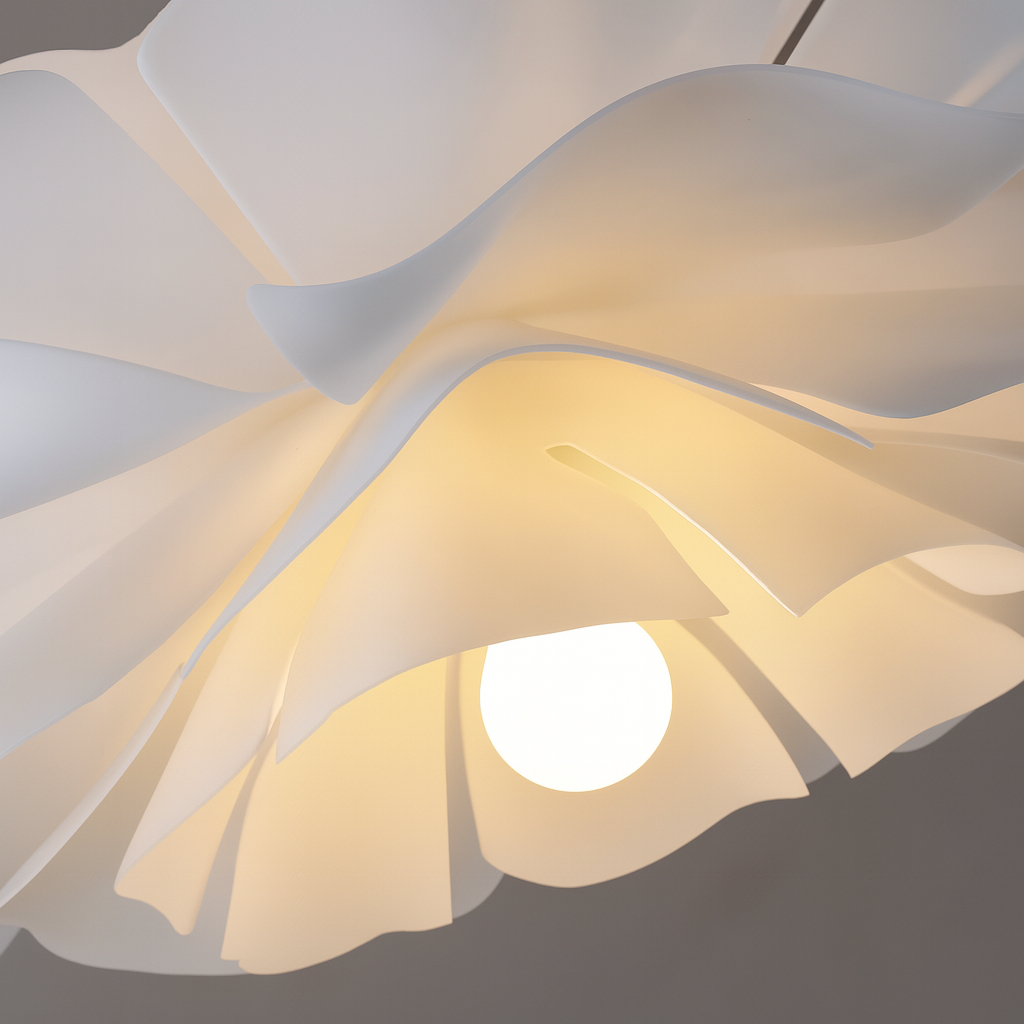 Suspension LED florale artistique avec pétales en acrylique, éclairage décoratif, ambiance moderne et chic.
