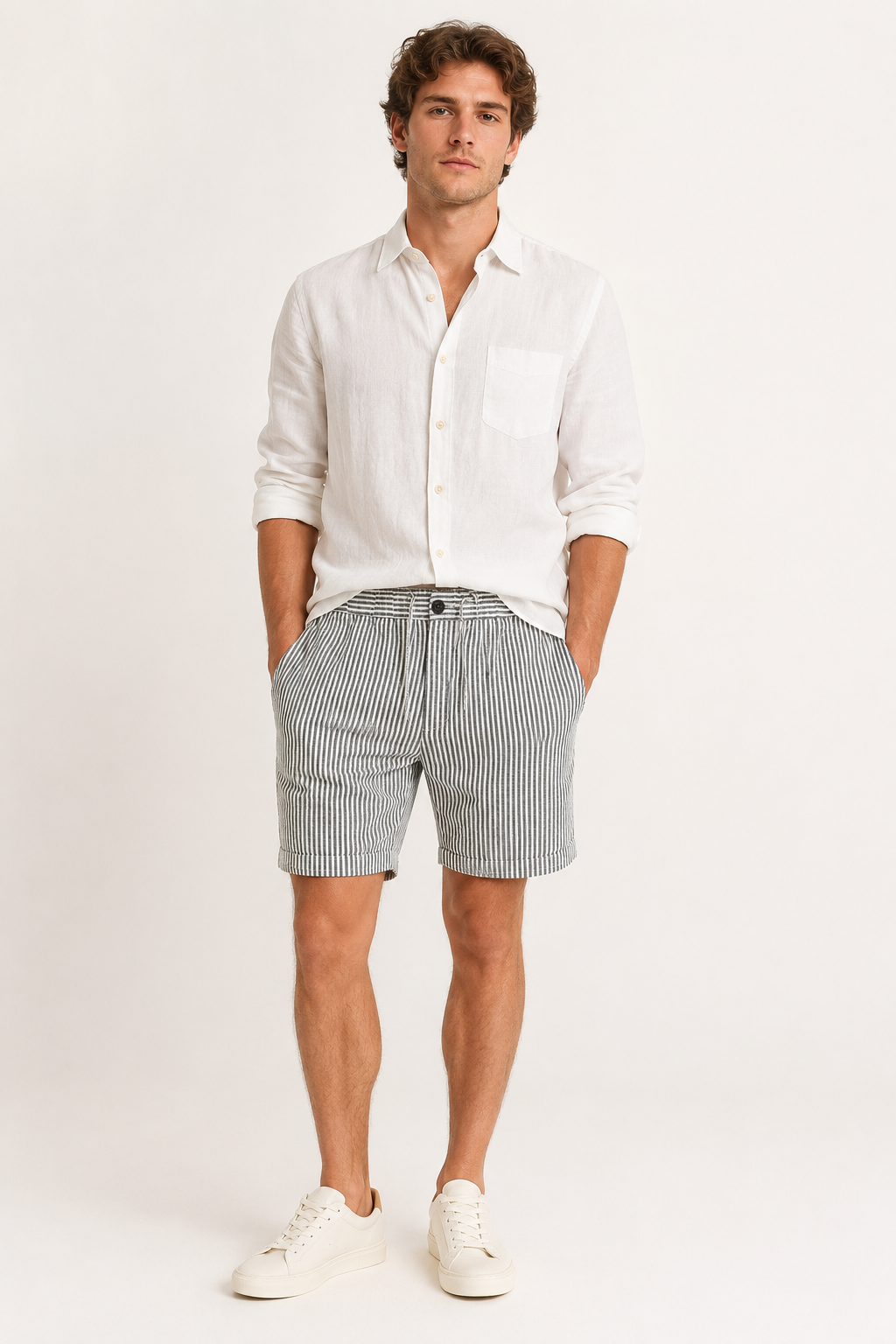 Bermuda homme élégant à rayures verticales grises, parfait pour un style décontracté en été ou en vacances.