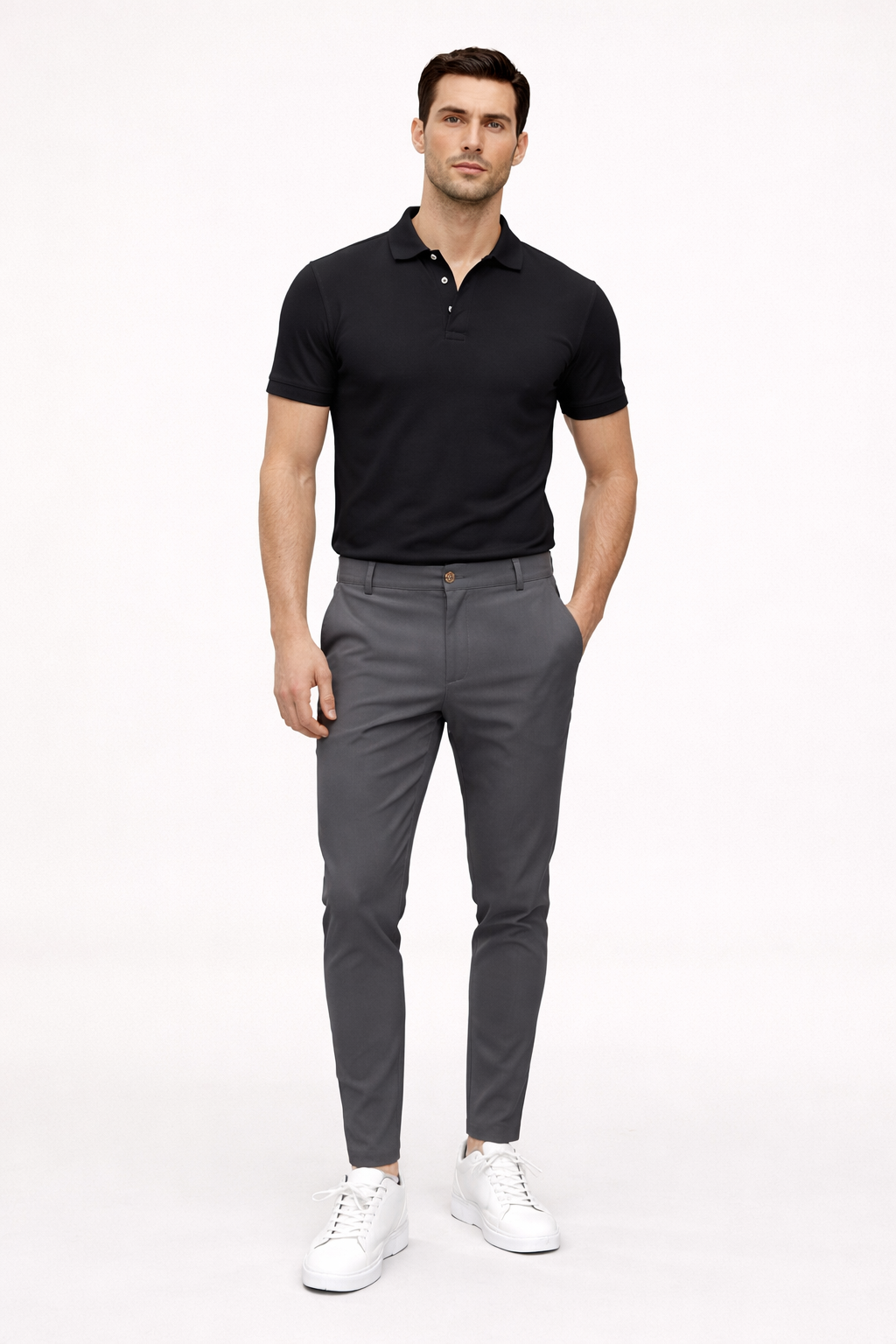 Pantalon chino homme coupe droite élégante, tissu respirant, essentiel pour un style printanier chic et décontracté.