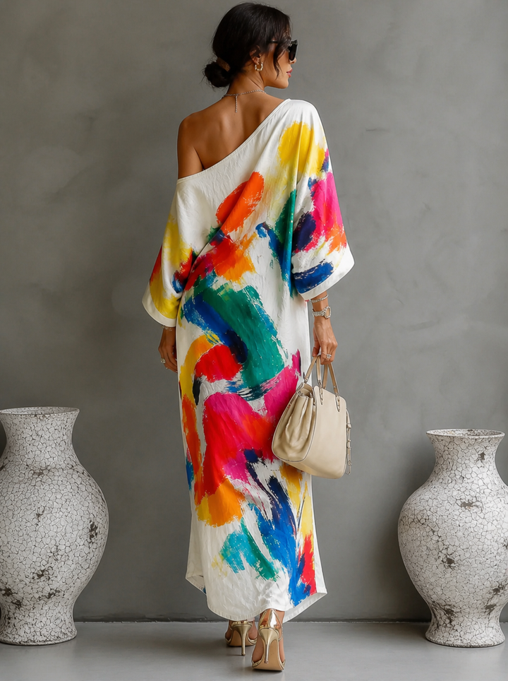 Robe maxi fluide femme à une épaule, design asymétrique artistique, imprimé vibrant pour un look chic et estival.