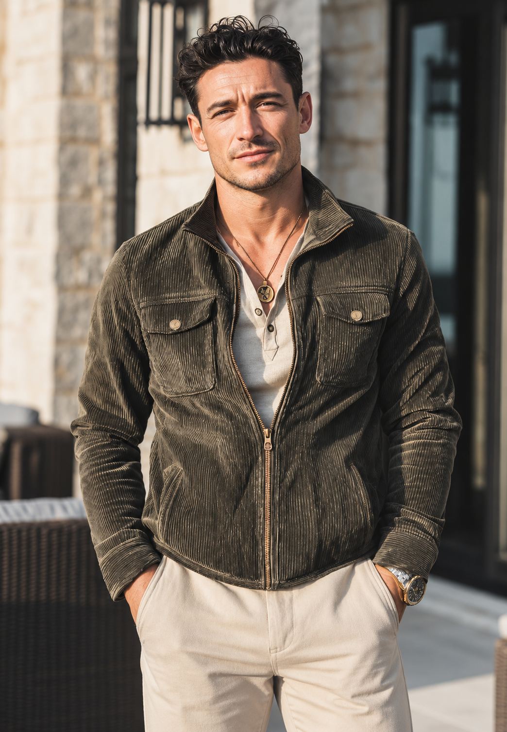 Veste élégante homme col montant. Style moderne, coupe courte. Idéale mi-saison chic et décontractée.